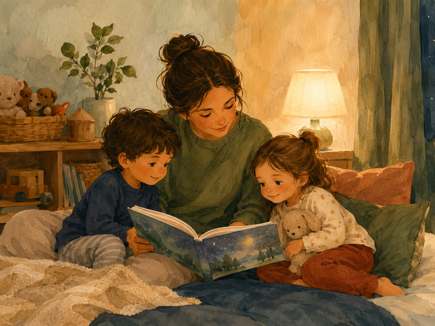 Un parent lit une histoire du soir avec deux jeunes enfants