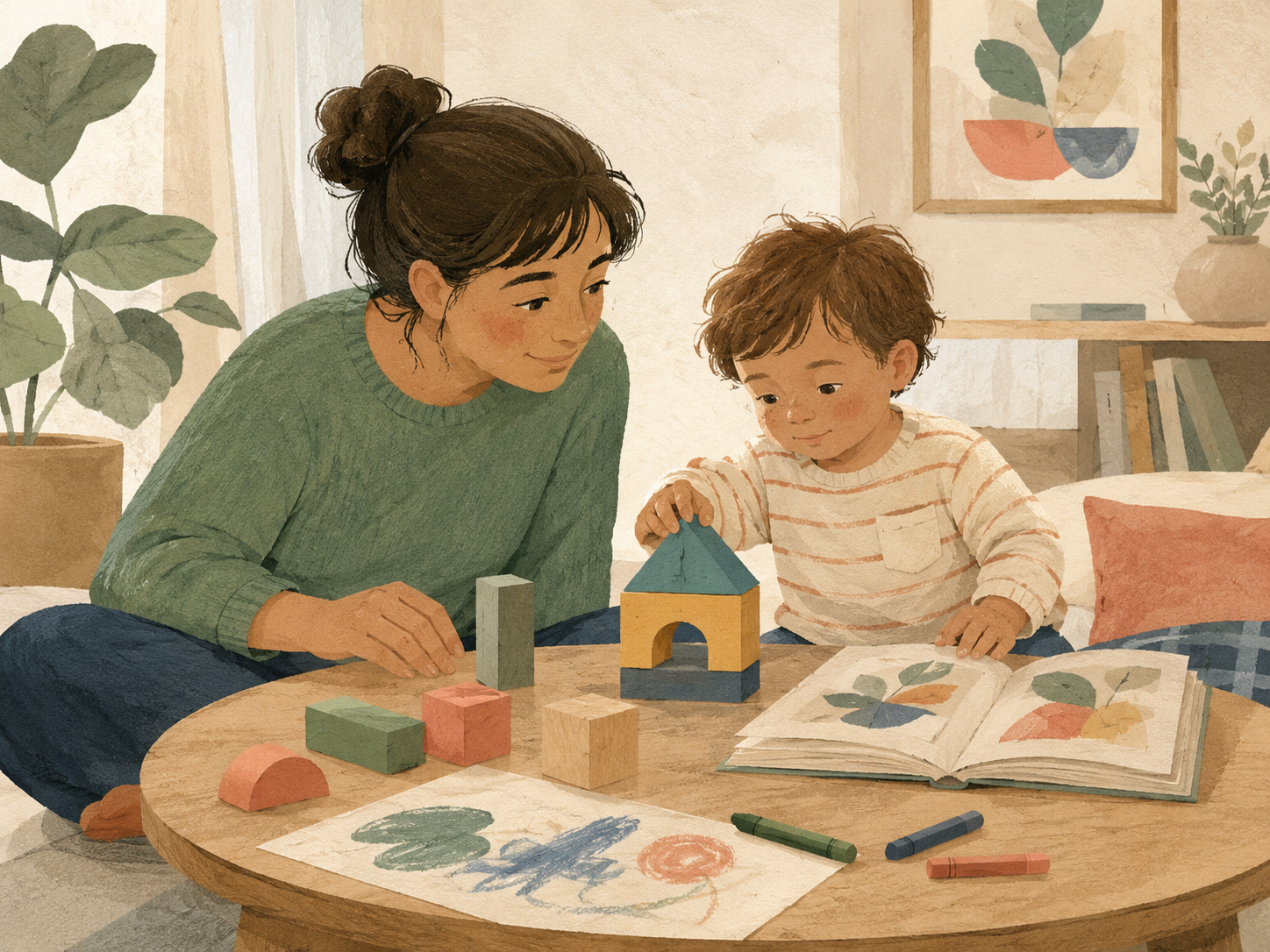 Un parent accompagne son enfant dans un jeu de construction