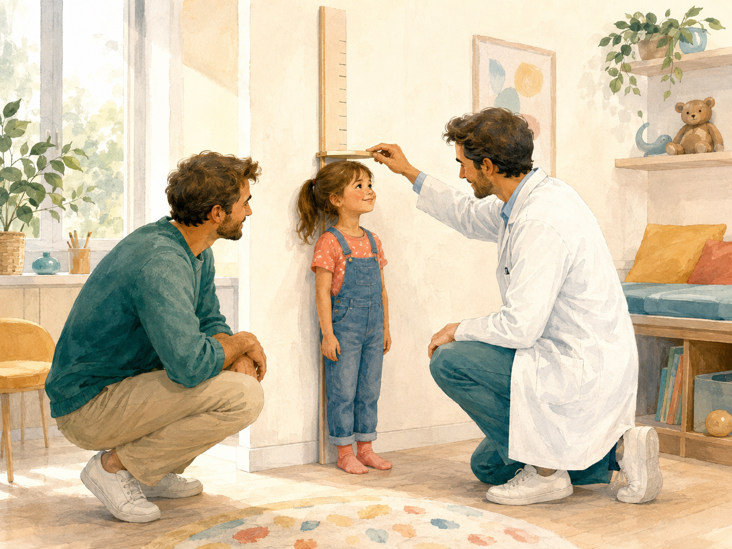 Un médecin mesure la taille d’une petite fille accompagnée de son père