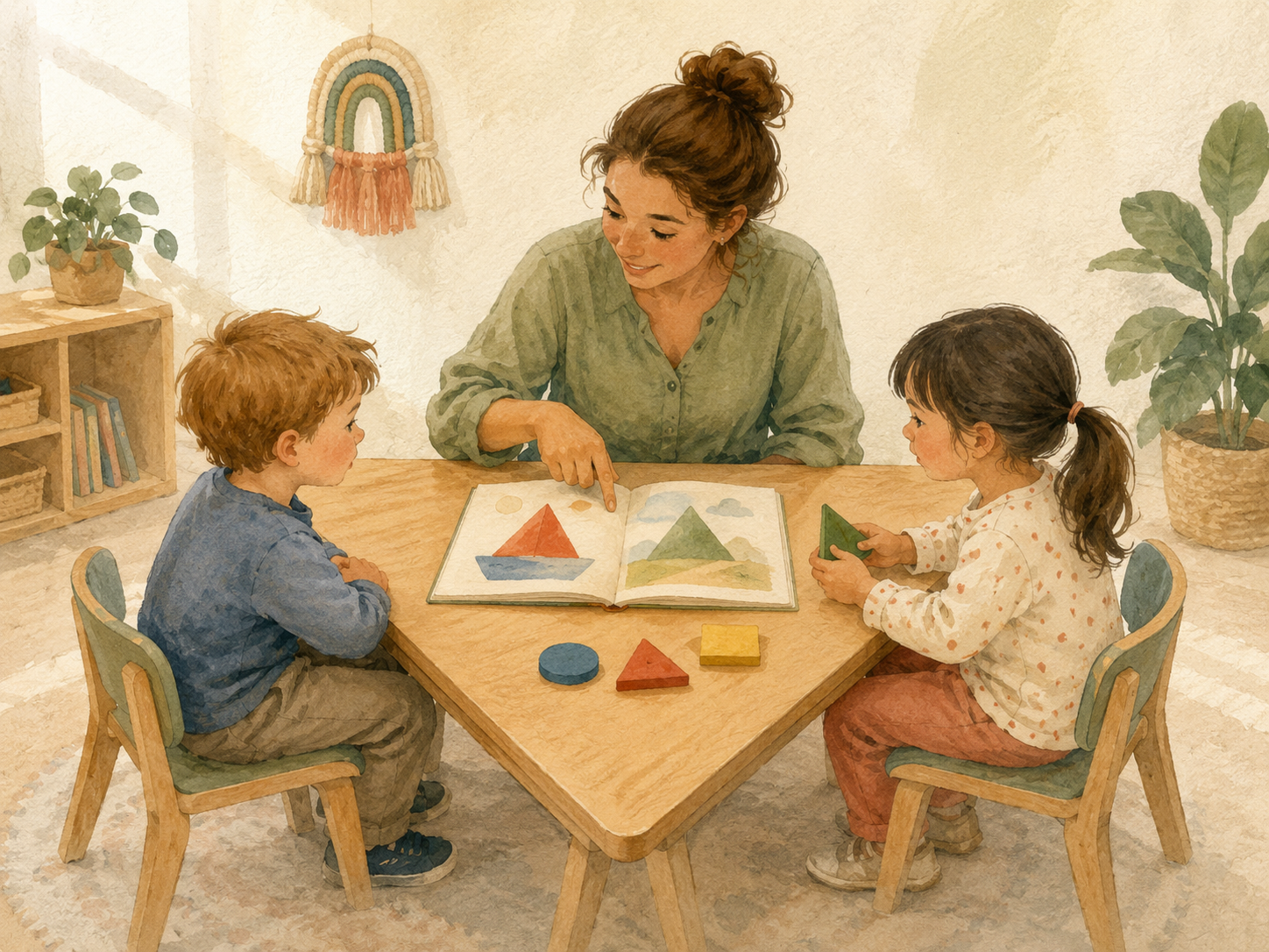 Une enseignante et deux enfants découvrent un livre et des formes autour d’une table triangulaire