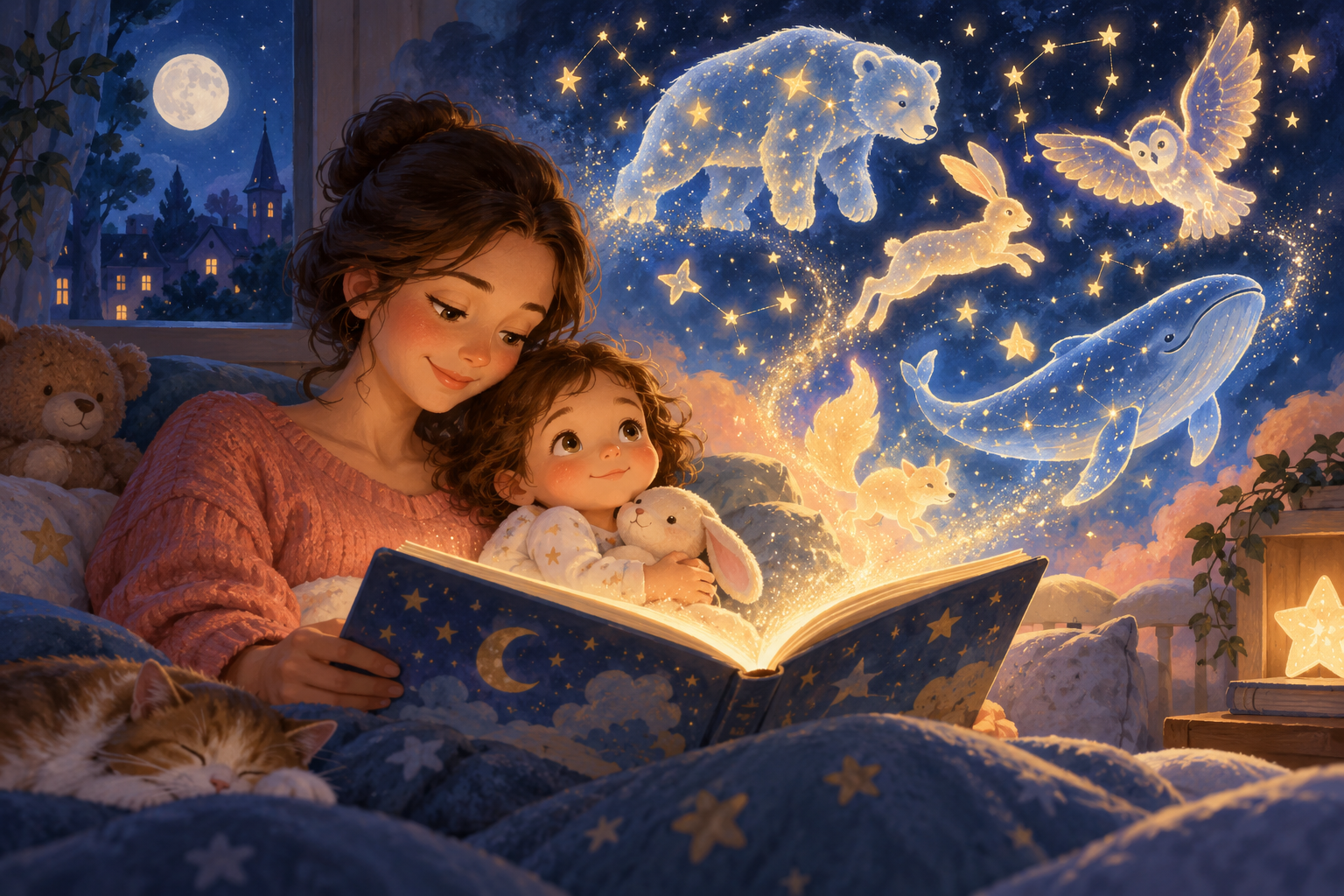 Un parent lit un conte étoilé à son tout-petit avant le sommeil
