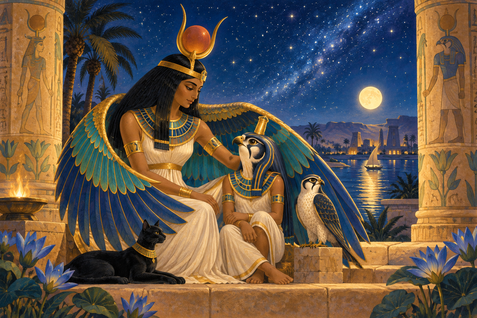 Illustration inspirée d’Isis et d’Horus sous un ciel étoilé au bord du Nil