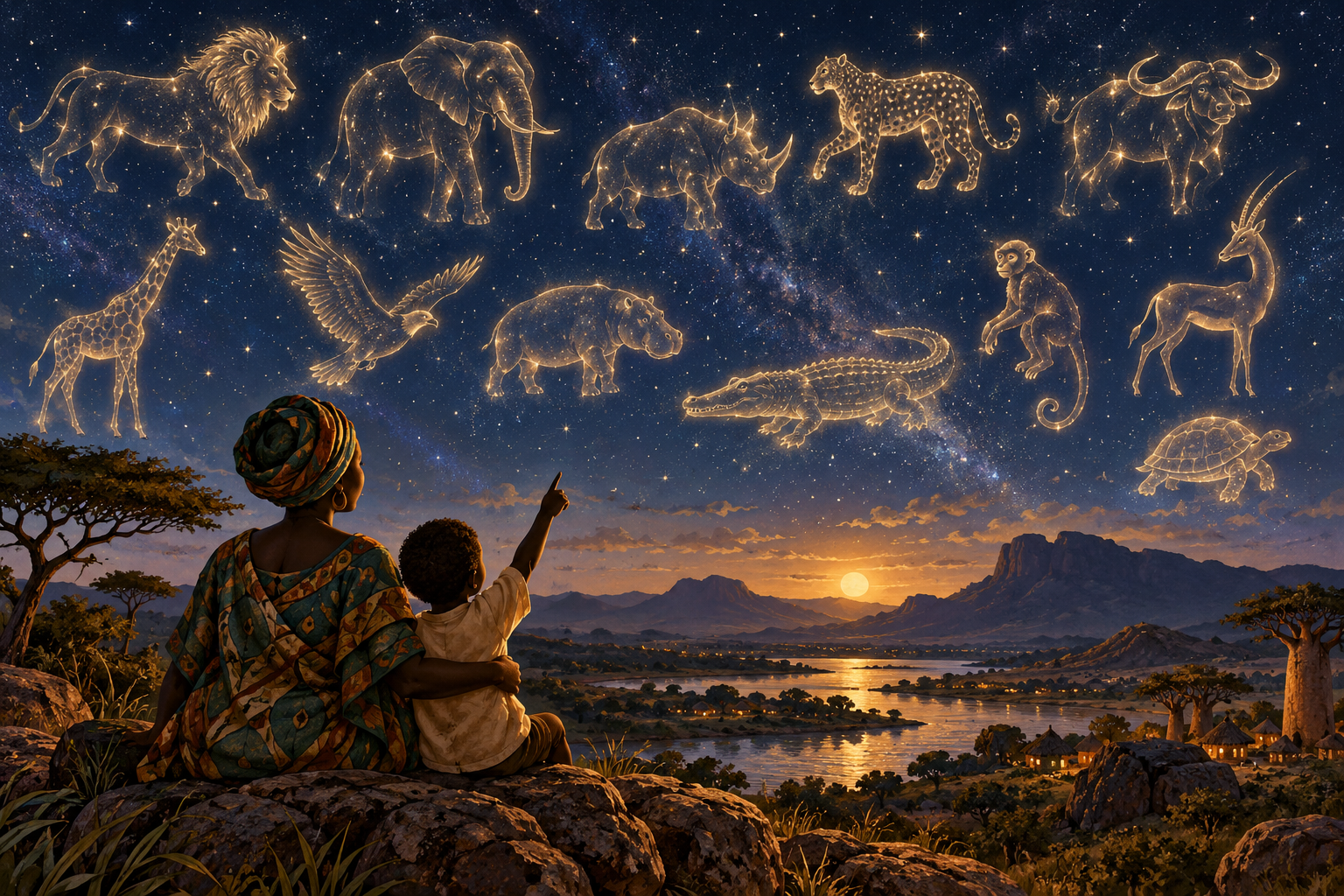 Un parent et un enfant contemplent des animaux dessinés par les étoiles dans un ciel africain